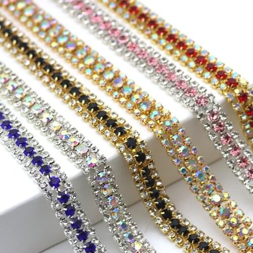1 yard 3 Rows Crystal + color AB Rhinestone Cup Chain Silver Base With Claw Dress Decoration Trim Applique Sew on Garment Bags
