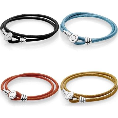 100% 925 Sterling Silver Multicolor Double Leather With Logo Button Clasp Bracelet Bangle Fit Fashion Charm trendy DIY jewelry