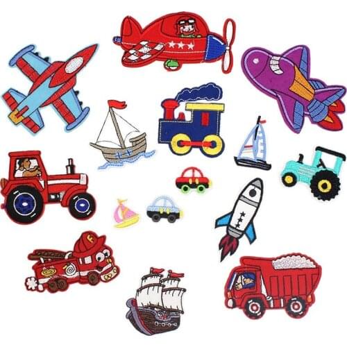 15pcs/lot Mix Vehicle Patches Embroidered Cartoon Airplane Train Car Truck Boats Sewing Appliques DIY Children Clothes Stickers