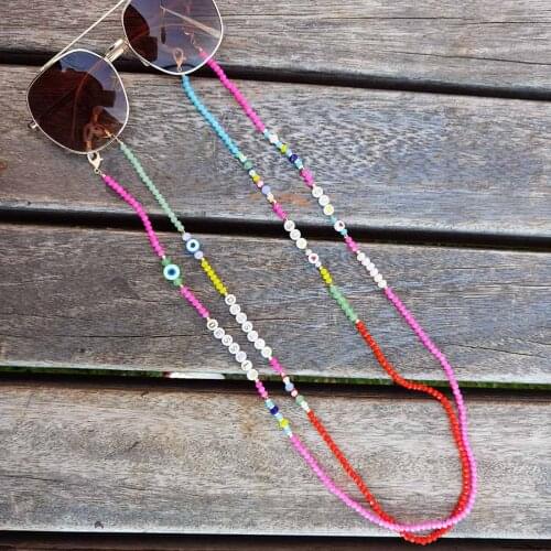 2021 Bohemian Crystal Beads Chain For Mask Lanyard Straps Necklace Letter Star Evil Eye Necklaces Colorful Bead Women Jewelry