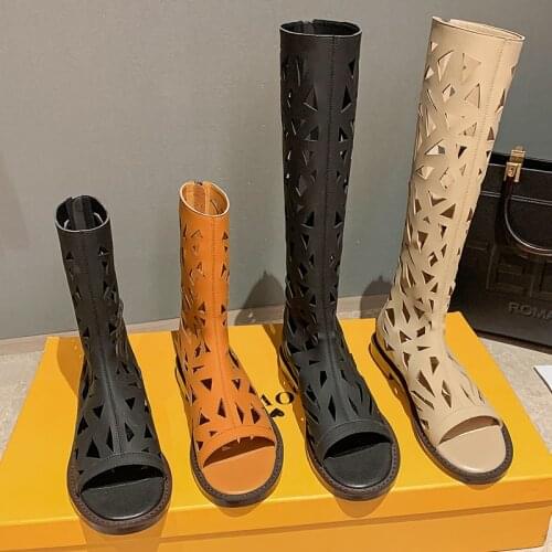 2021 Summer Hollow Cool Boots Women Open Toe High Tube Long Boots Genuine Leather Gladiator Sandals Flats Sandalias Shoes Woman