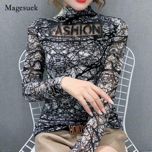 2021 Spring Long Sleeve Printed Semi-high-necked T-shirt Women Fashion Mesh Lace Stitching Ehot Drill Bottoms T- Shirts 13009