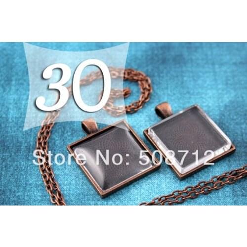 30sets Flash Sale Antique Copper Pendant Kits- Black 1 inch blank pendant trays, black necklaces, crystal clear glass cabochans