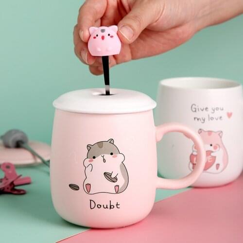 400mL Ceramics Cute Hamster Mugs with Lid and Spoon Creative Kids Breakfast Milk Tea Cartoon Cup Office Afternoon Tea Coffee Mug