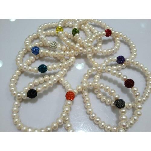 7-8MM Natural Freshwater Pearl Bracelets With Disco Ball Real Pearls Stretch Bracelet Trendy Fashion Jewelry Free Shipping