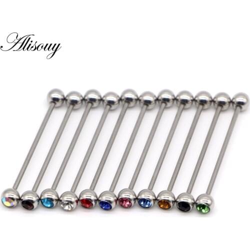 Alisouy 1pc Stainless Steel Double Gem Crystal ball Straight Ear Industrial Project Barbells Bar Barbell Body Piercing Jewelry