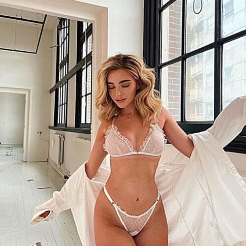 White Womens Bra Lingerie Set Transparent Dot Female Underwear Brief Sets Mesh Lace Erotic Bra and Thong Set See Through Bras