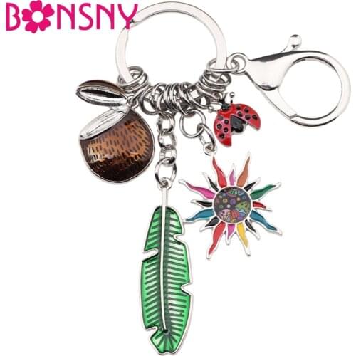Bonsny Tropic Summer Collection Alloy Coconut Leaf Sun Flower Key Chains Keyring Gift For Women Girl Handbag Car Charms Jewelry