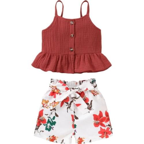 Baby Girl Toddler Kid Outfits Clothes Sets Button Top Sling Trap Shirt Floral Bow Shorts Sunsuit 0-4T