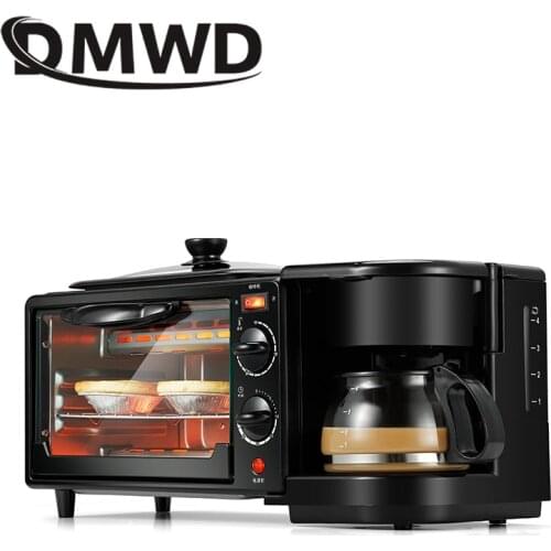 DMWD Electric Breakfast Machine 3 in 1 Multifunction Breakfast Maker Mini Drip Coffee Maker Bread Pizza Oven Frying pan Toaster