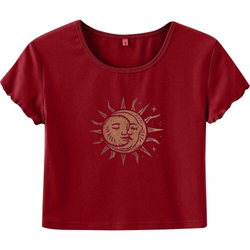 2021 Tshirt Womens футболка Fashion Sun Moon Printed Navel T-shirt Short Sleeve O Neck Tops Tee Short Woman Tshirts Ropa Mujer