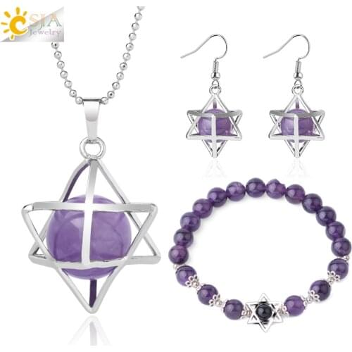 CSJA Merkaba Purple Crystal Set Natural Stones Necklace Earrings Bracelet Jewelry Sets Healing Energy Amethysts for Female G353
