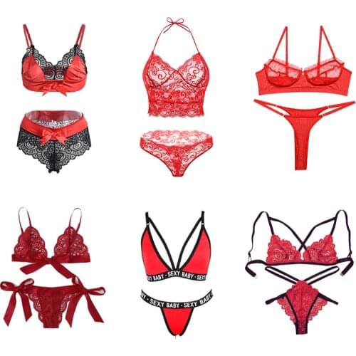 Hot Selling Red Collection Lace Bra Set Sexy Lingerie Push Up Bra Panties Set Transparent Hollow Out Transparent Underwear Women