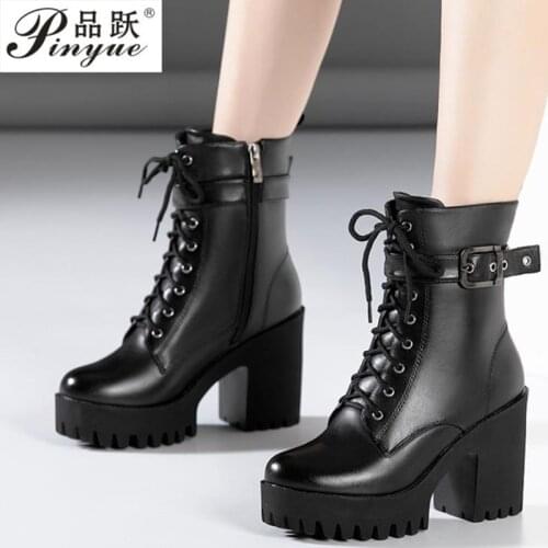 Leather Fall Winter High Heels Boots Ladies Plush Motorcycle Boots Plus Size 32-43 Platform Boots