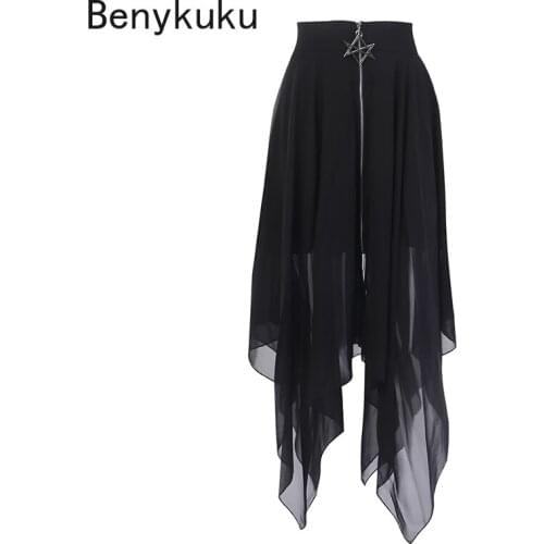 Summer Mesh Irregular Women Skirts Pentagram Zipper Black Punk Skirts Gothic Darkness Lady Skirt Casual Loose Streetwear Skirts