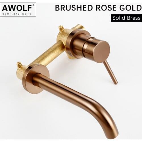 Brushed Rose Gold Basin Faucet Solid Brass Wall Mounted Spout Bathroom Bathtub Mixer Tap For Lavatary Sink ML8033