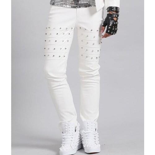 Stage fashion personality men pu pants motorcycle rivets pant men feet trousers singer dance rock fashion black white silver