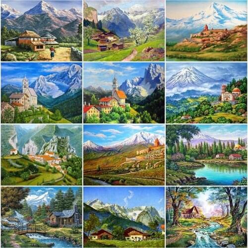 MomoArt 5D DIY Diamond Painting House Cross Stitch Diamond Embroidery Lake Rhinestones Mosaic Mountain Needlework Handmade Hobby