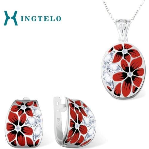 XINGTELO 925 Sterling Silver Pendant Chain and Stud Earrings Crystal Enamel Jewelry Set Woman Wedding Jewelry Gift