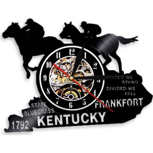 Kentucky Horse Race Emblem Night Light Wall Art Decor Vinyl Record LP Wall Clock Vintage Design Illuminated Wall Hanging Watch