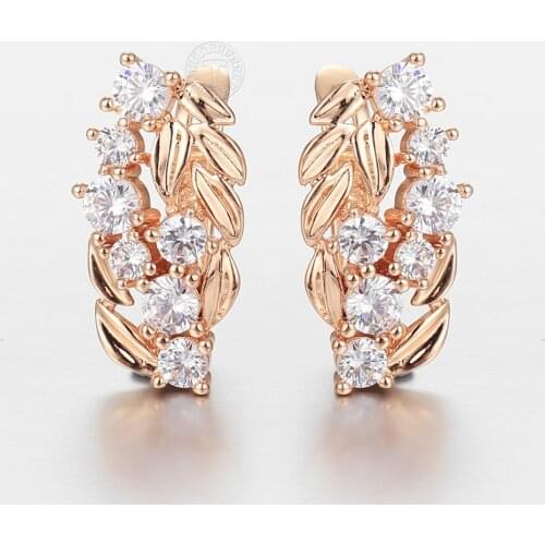 Leaves Drop Dangle Earrings for Women Girls Elegant 585 Rose Gold Clear Cubic Zircon Fashion Ear Jewelry Wedding LGE321