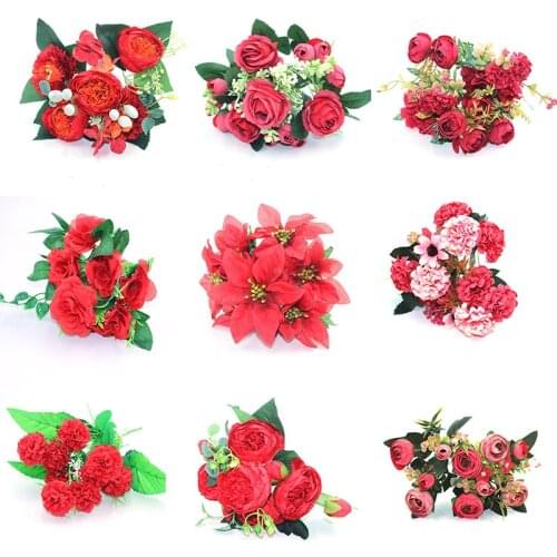 Mixed red autumn fake tea rose peony silk flower autumn gerbera daisy fake flower plastic DIY wedding home accessories decoratio