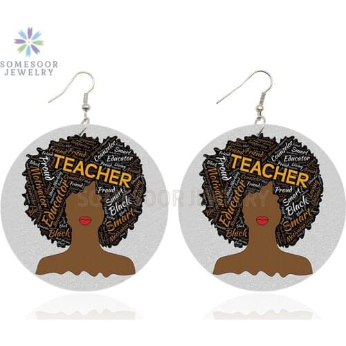 SOMESOOR Black Educator Smart Teacher African Wooden Drop Earrings Afro Natural Hair Printed Wood Dangle Jewelry For Women Gifts
