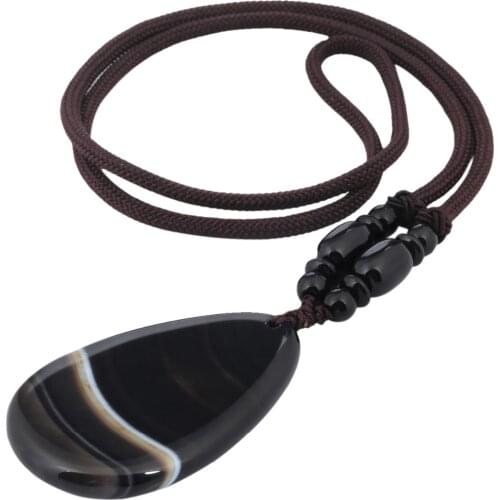 SUNYIK Teardrop Striped Onyx Bead Healing Reiki Amulet Pendant Necklace Cord for Women Men
