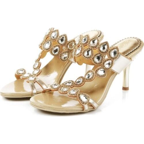 High Heel Slippers 7.5 cm Stiletto Slippers Rhinestone Hollow Slippers Women Summer Diamonds High Heel Slippers