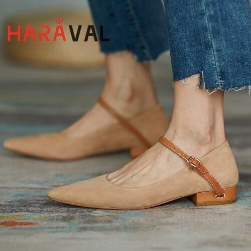 HARAVAL Women Pumps Shoes Elegant Black Brown Low Heels Mary Janes Pointed Toe Kid Suede Elegant Shoes Women Office & CareerB322