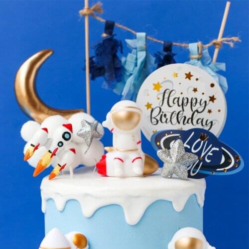 Astronaut Rocket Cake Decoration Boys Happy Birthday Cake Topper Baking Accessories Childrens Day Party Supplies Gifts