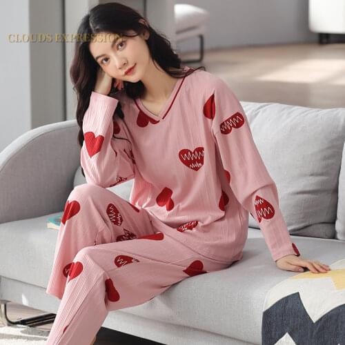 Spring Autumn Elegant Womens Sleep Pajama Long Sleeved Woman Pajama Sets Cartoon Pyjamas Cotton Sleepwear M-2XL Lounge Fashion