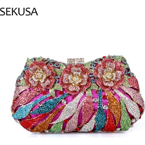 Elegant Rose Flower Women Crystal Evening Clutch Bags Bridal Floral Handbag and Purse Wedding Party Diamond Bag