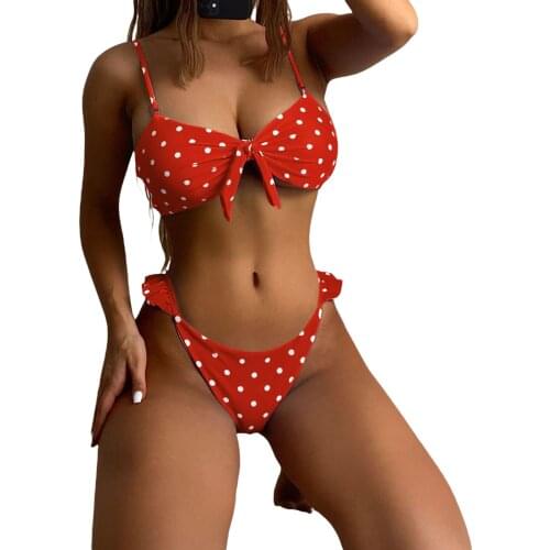 2Pcs Women Summer Bikini Sets Polka Dot Bowknot Padded Tops + Ruffled Briefs Swimsuit for Girls