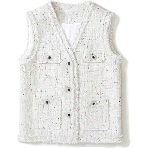 Womens vest tweed Beige Colored sequin fabric one-piece 2019 spring / autumn small fragrance vest loose delicate vest was thin