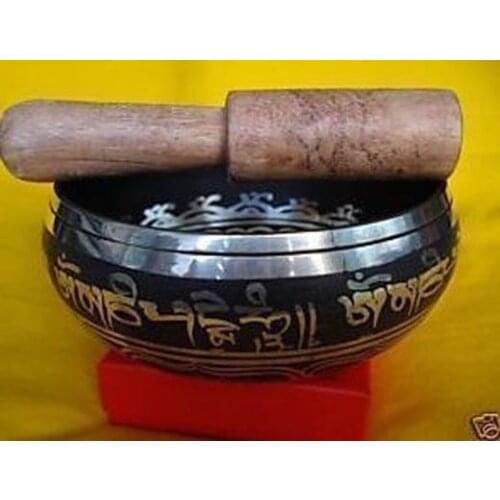 4.5" Tibetan Words Mantra Lucky Buddhism Singing Bowl hand hammered Mallet Antique Garden Decoration Silver Brassroom Art