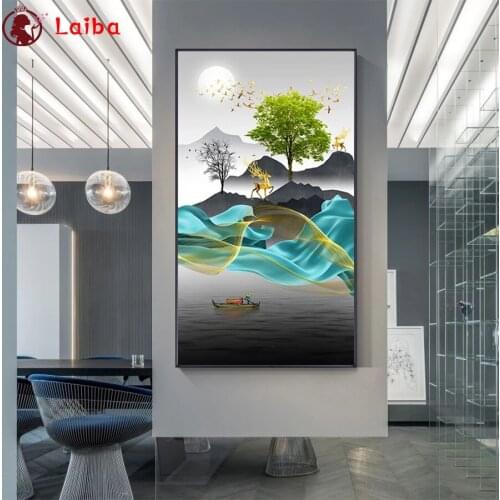 5d diamond painting Abstract art, golden deer flying bird tree landscape diy full square drill diamond embroidery round diamond
