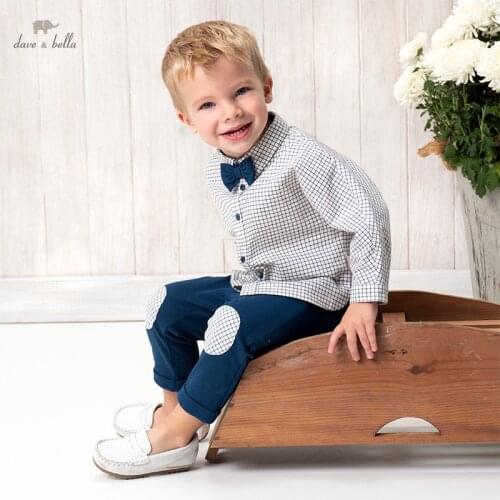 DB16706 dave bella spring baby boys casual removable bow plaid clothing sets kids fashion long sleeve sets children 2 pcs suit