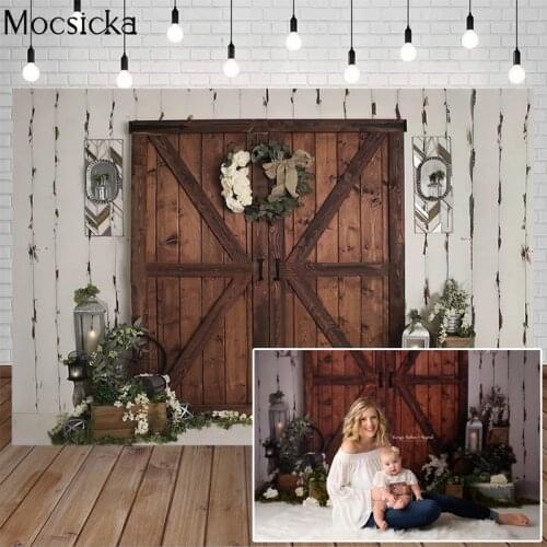 Spring Backdrops Fresh Flowers Vintage Dark Brown Wood Door Wall Baby Portrait Photography Backgrounds Photo Studio Decor Props