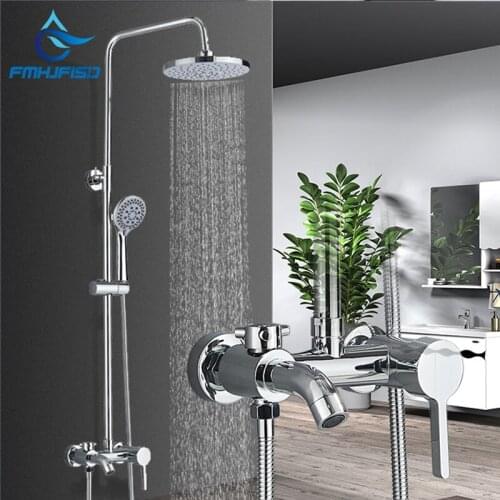 Chrome Shower Set Faucet Hot Cold Brass Mixer Tap ABS Plastic Shower Head and Handheld Rotation Desgin Rainfall Shower Systems