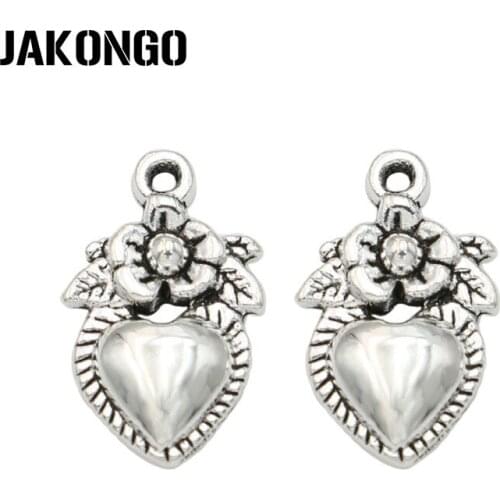JAKONGO 10pcs Antique Silver Plated Rose Flower Heart Charm Pendants Jewelry Accessories Making Bracelet Findings DIY 18x12mm