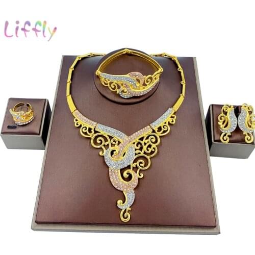 Liffly Fashion Dubai Gold Colorful Jewelry Sets Bridal Wedding Necklace Ring for Women African Beads Costume Jewelry Set