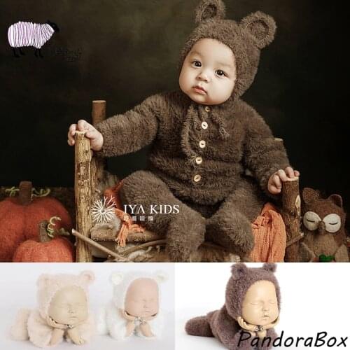 Newborn Photography Props Babies Knit Bear Hat Romper Infant Baby Boy Girl Photo Shoot Outfits Costume fotoshooting Prop Clothes