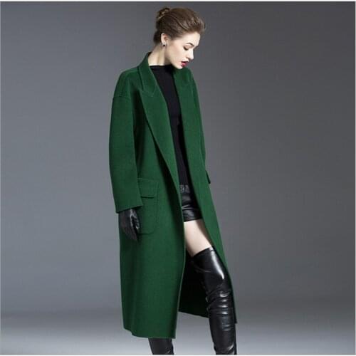 Female winter Double-faced cashmere coat women mid-length jacket green Over the knee overcoat with belt outwears black clothes