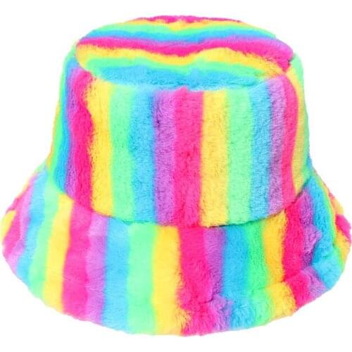 Bucket hat winter basin hat imitation rabbit fur female trend female colorful rainbow striped fisherman hat winter 2021