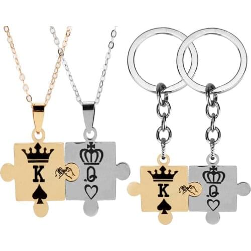 Couple Gold King & Queen Couple Necklaces Keychain With Crown Stainless Steel Tag Pendant Necklace Girl Boys Gift