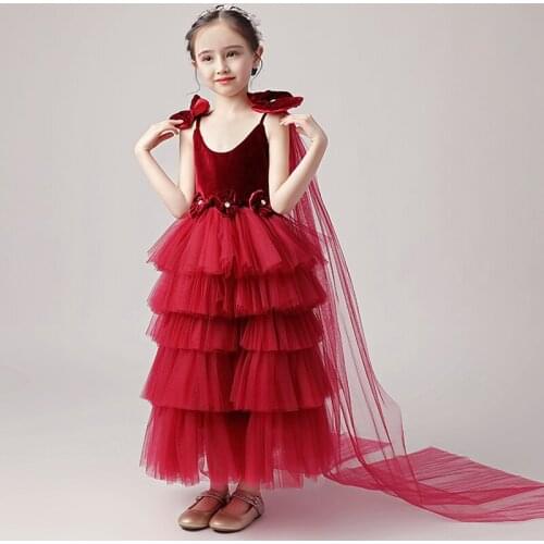 Flower Girl Dresses Illusion O-Neck Sleeveless Crystal Spaghetti Straps Princess Tulle Lace Luxury Burgundy Kids Party Gown H663