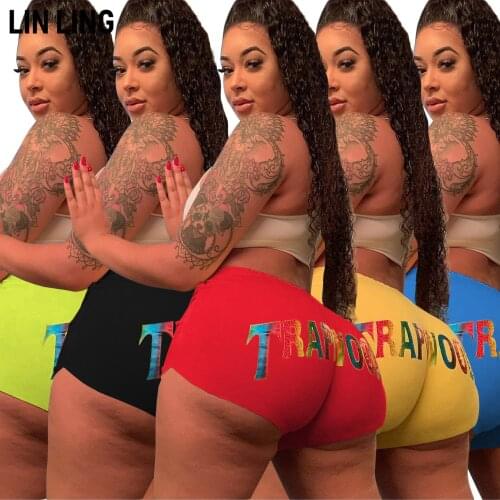 LINLING Summer Solid Color Letter Print Sports High Waist Sexy Shorts Womens Casual Straight Pants