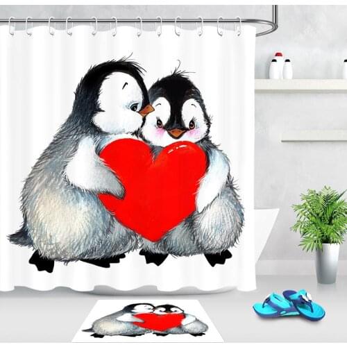 Modern Polyester Waterproof Fabric Bath Curtain for Bathroom Products Lovers Cute Penguin Red Love Heart Cartoon Shower Curtain