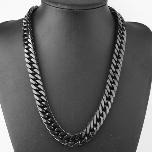 Granny Chic 15/17mm Wide Top Black Double Curb Cuban Link Chain Mens Womens Stainless Steel Bracelet Or Necklace 18-36 inch